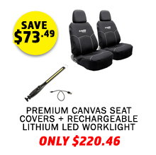 Plus Premium Canvas Seat Covers + Rechargeable Lithium LED Worklight