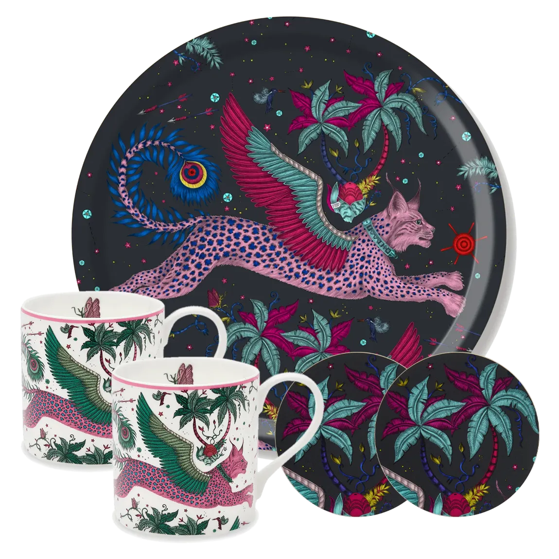 Image of Lynx 'Tea for Two' Tray, Mugs, and Coasters Set