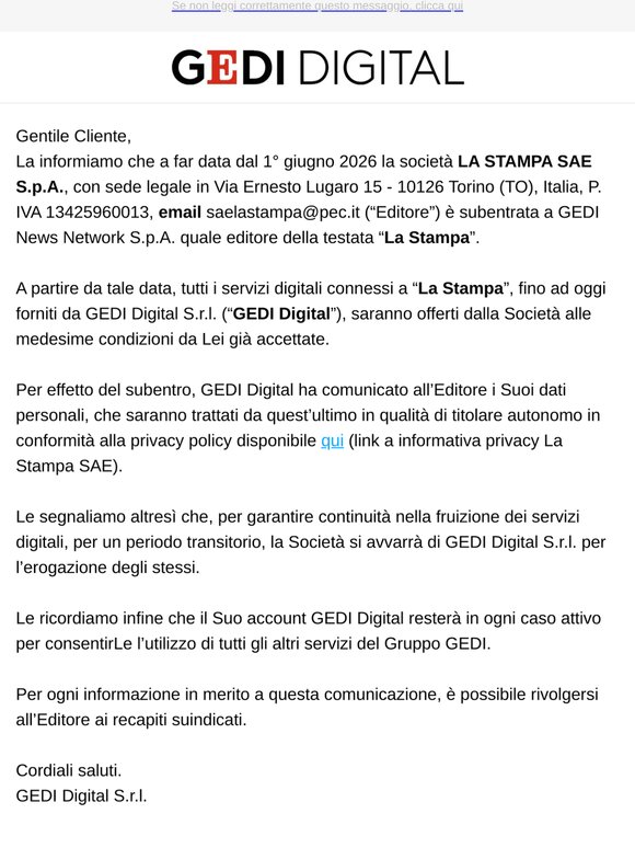 Comunicazione di servizio