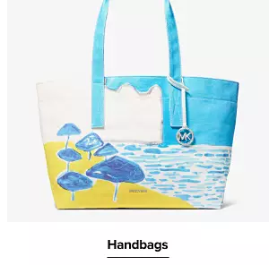 A beach print handbag. Handbags.