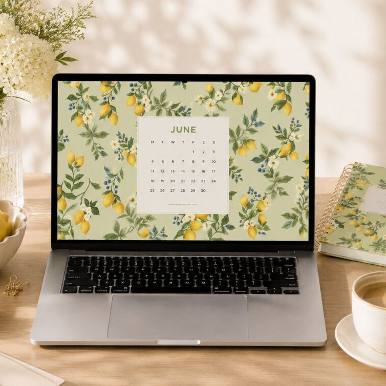 june 2026 digital wallpaper in lemon floral pattern shown on laptop, bowl of lemons, vase with white flowers, book, pen, coffee, planner, dish with paperclips