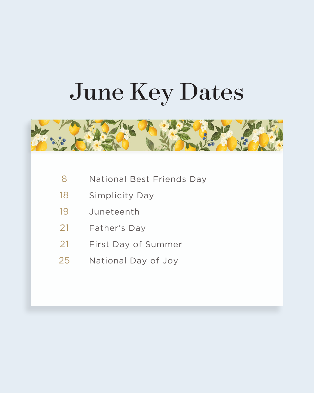 june 2026 key dates, lemon floral print, light blue background