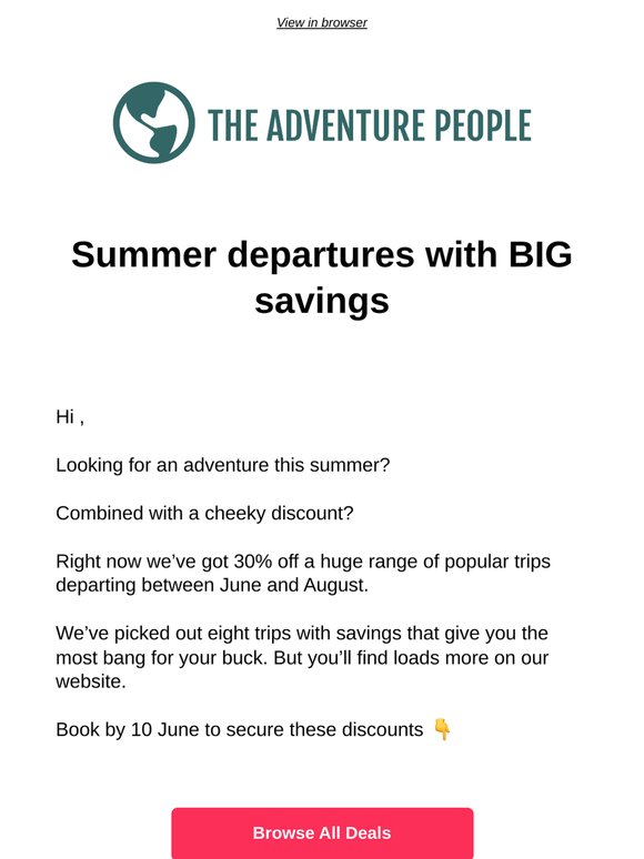 30% off adventures departing between June and August