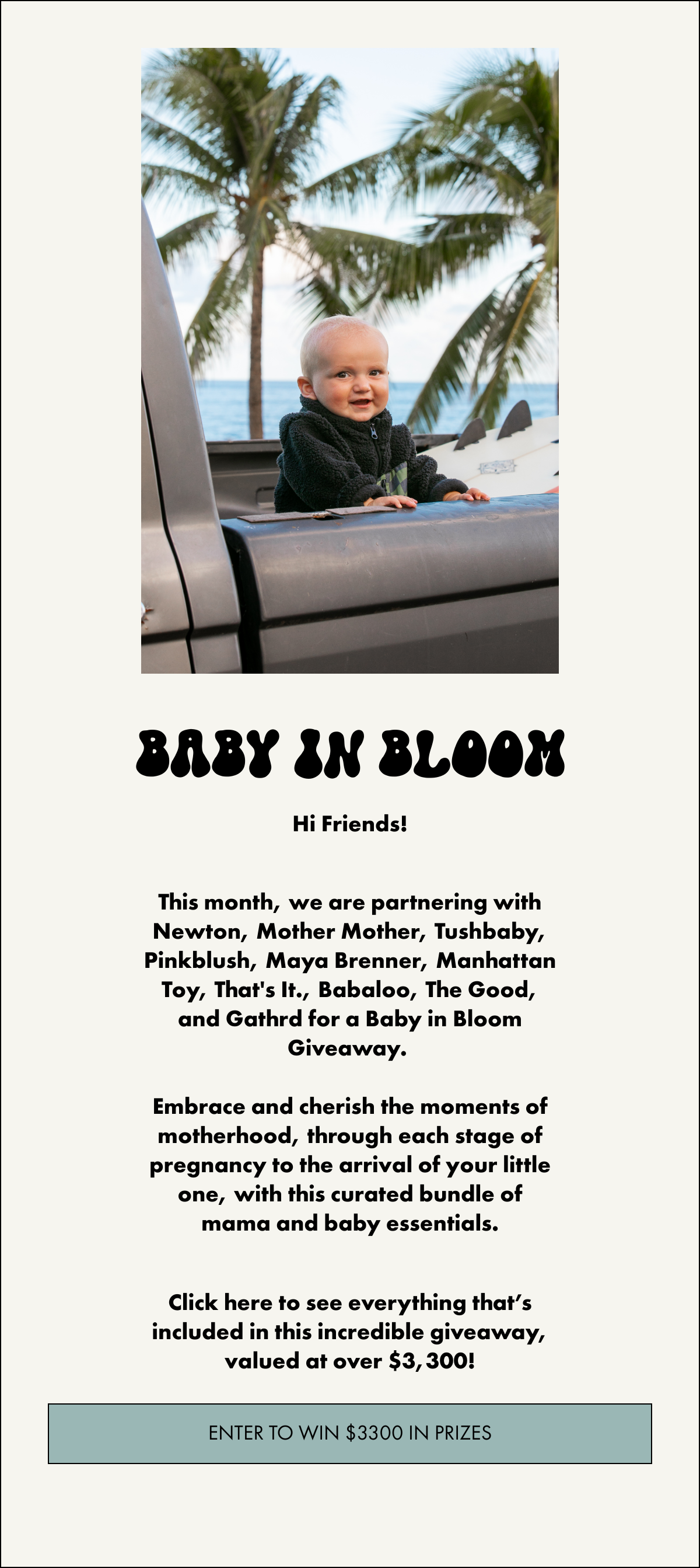  BABY IN BLOOM Hi Friends!This month, we are partnering with Newton, Mother Mother, Tushbaby, Pinkblush, Maya Brenner, Manhattan Toy, Thats It., Babaloo, The Good, and Gathrd for a Baby in Bloom Giveaway.nbsp;Embrace and cherish the moments of motherhood, through each stage of pregnancy to the arrival of your little one, with this curated bundle of mama and baby essentials.Click here to see everything that’s included in this incredible giveaway, valued at over $3,300! ENTER TO WIN $3300 IN PRIZES