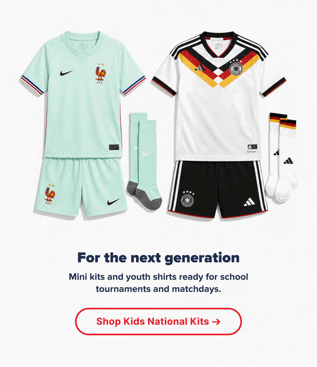 Mini kits and youth shirts ready for school tournaments and matchdays.