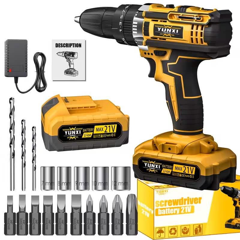 Image of 21V Cordless Brushless Impact Wrench Drill Kit – Lithium Drill + Battery x1, 4000mAh Battery, Toolbox & Accessories