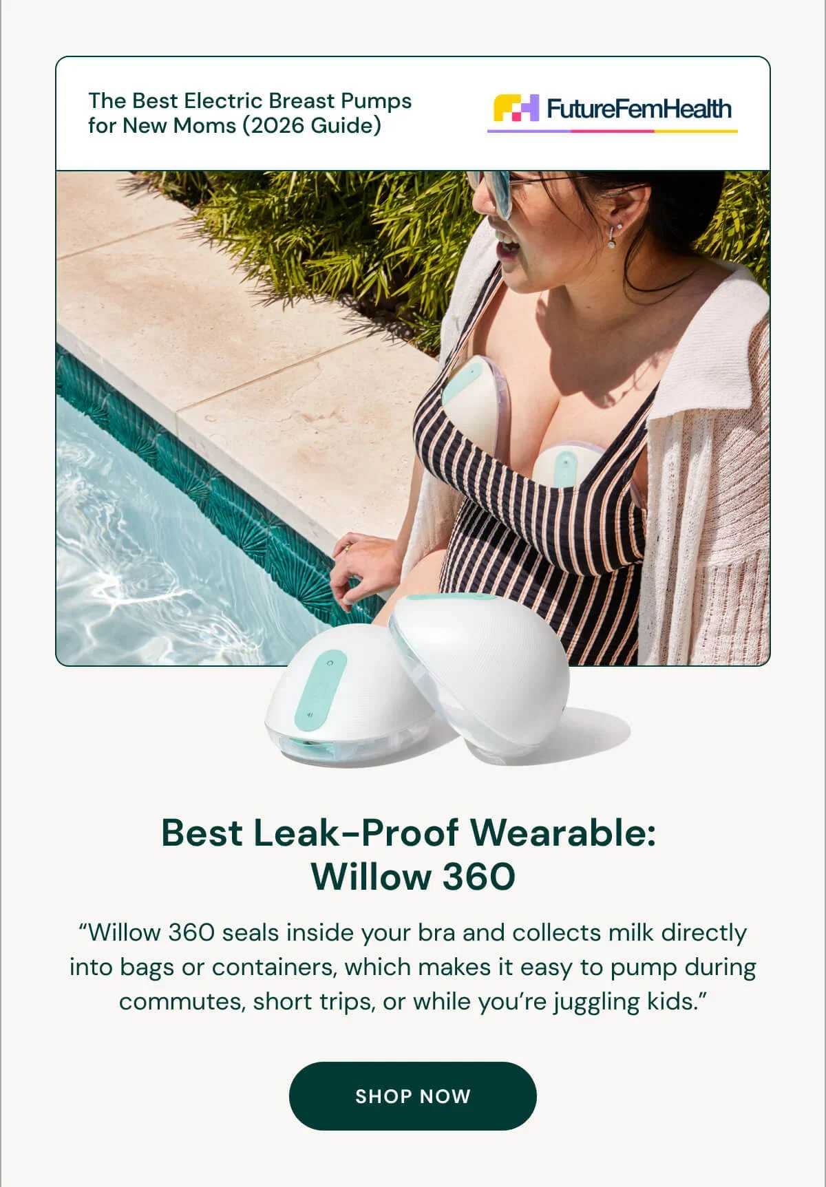 Woman wearing wireless breast pumps near a pool