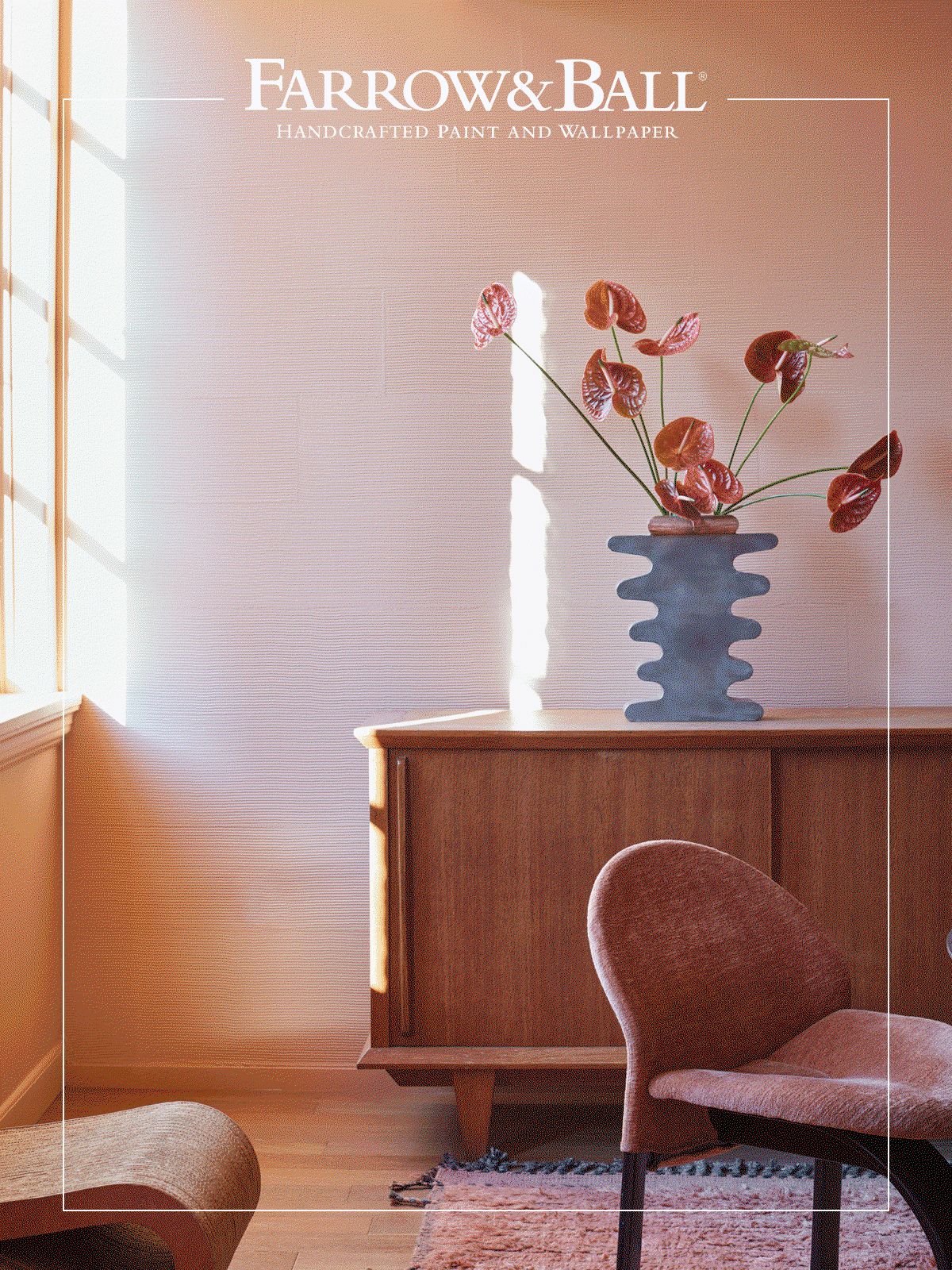 Three interior scenes: an olive bedroom corner, a sunlit sideboard with red flowers, and a modern lounge with cream seating. Text reads “OUR HIDDEN SHADES.”