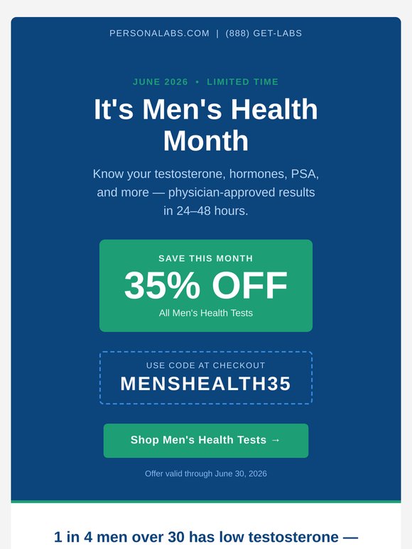 It's Men's Health Month — 35% off all men's health tests