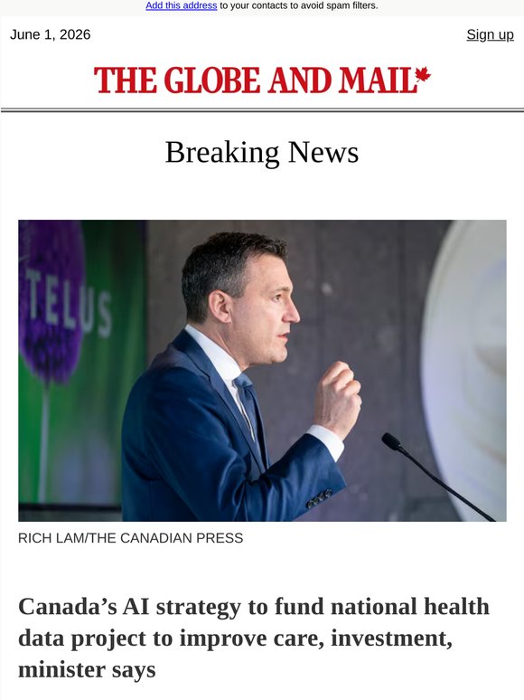 Breaking News: Canada’s AI strategy to fund national health data project to improve care, investment, minister says