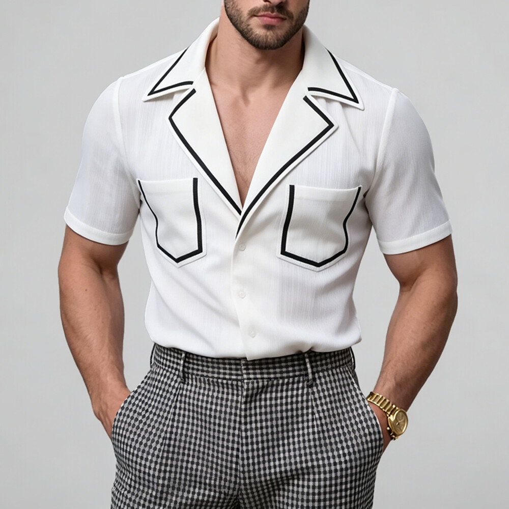 Okaywear Camp Collar Contrast Binding Patch Pocket White Short Sleeve Shirt