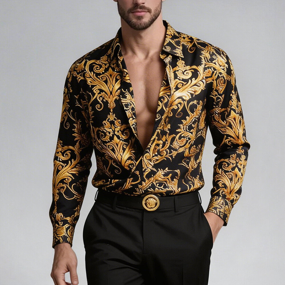 Okaywear Baroque Printed Button Up Black And Gold Long Sleeve Shirt