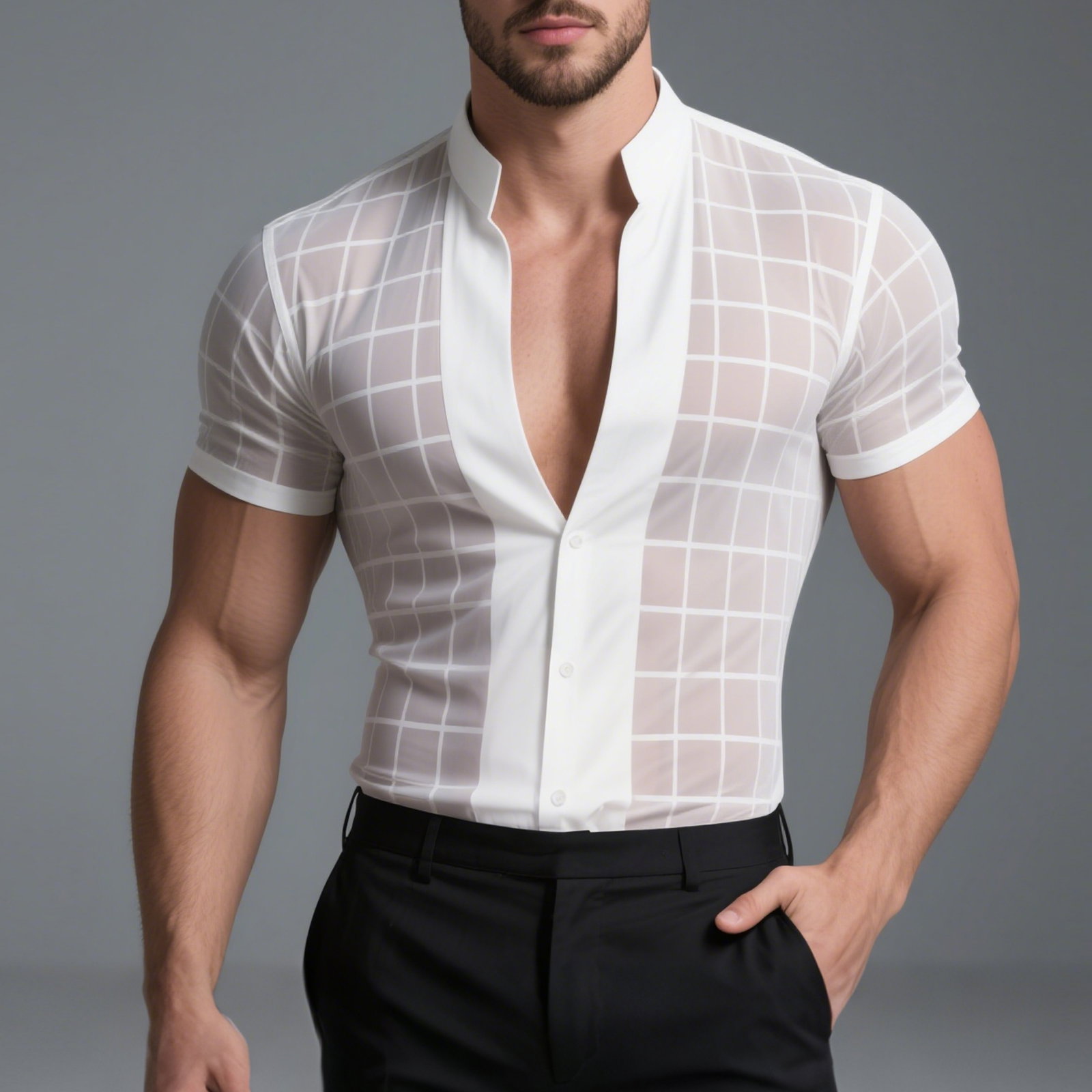 Okaywear Grid Pattern See-Through Stand Collar Short Sleeve Shirt