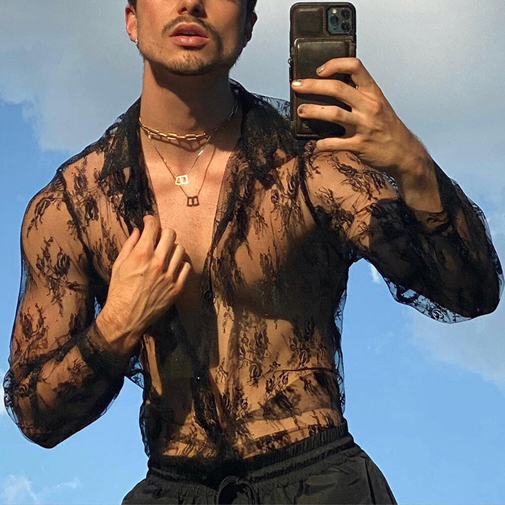 Floral Pattern Mesh See Through Turndown Collar Black Long Sleeve Shirt