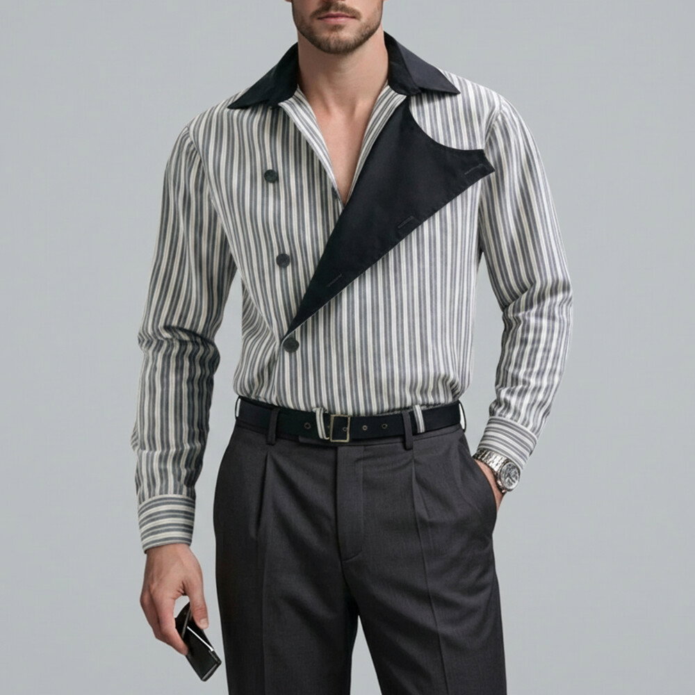 Okaywear Striped Print Contrast Turndown Collar Asymmetric Button Gray Long Sleeve Shirt
