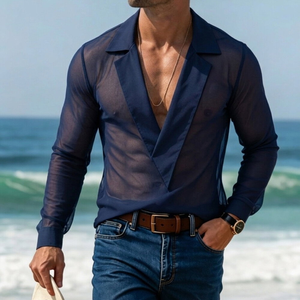 Okaywear Mesh See Through Deep V Neck Navy Long Sleeve Top