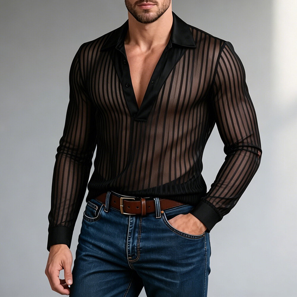 Okaywear Mesh Striped Polo Neck Semi-Transparent Black Long Sleeve Top