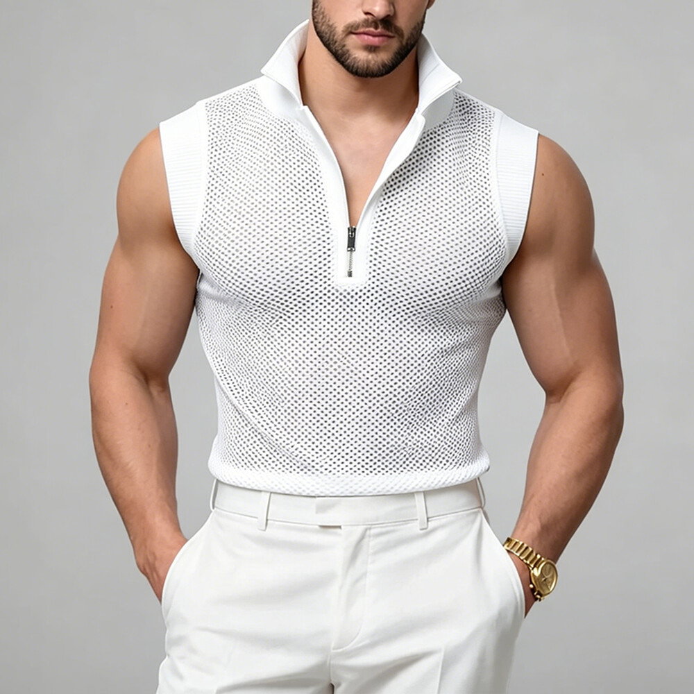 Okaywear Mesh Zipper Stand Collar Tight Fit White Tank Top