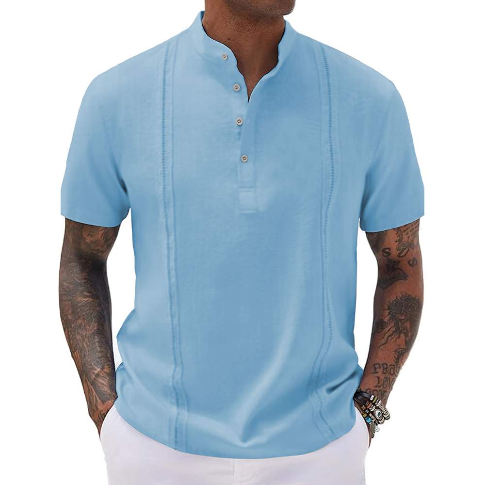 Stand Collar Half Placket Light Blue Short Sleeve Top