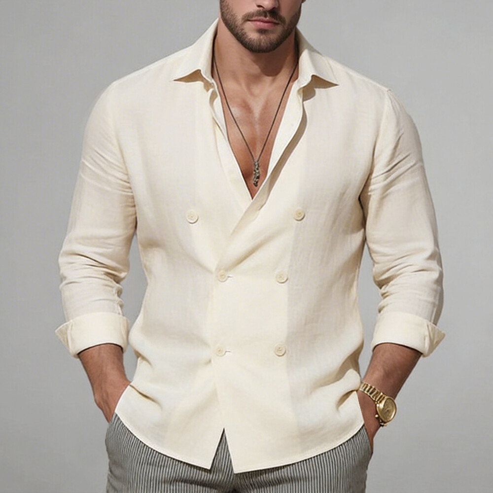 Okaywear Double Breasted Slim Fit Plain Beige Long Sleeve Shirt