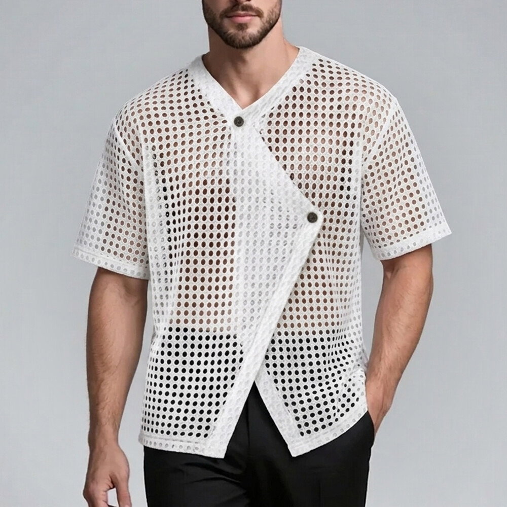 Okaywear Mesh Hollow Out Asymmetric Button White Short Sleeve Top