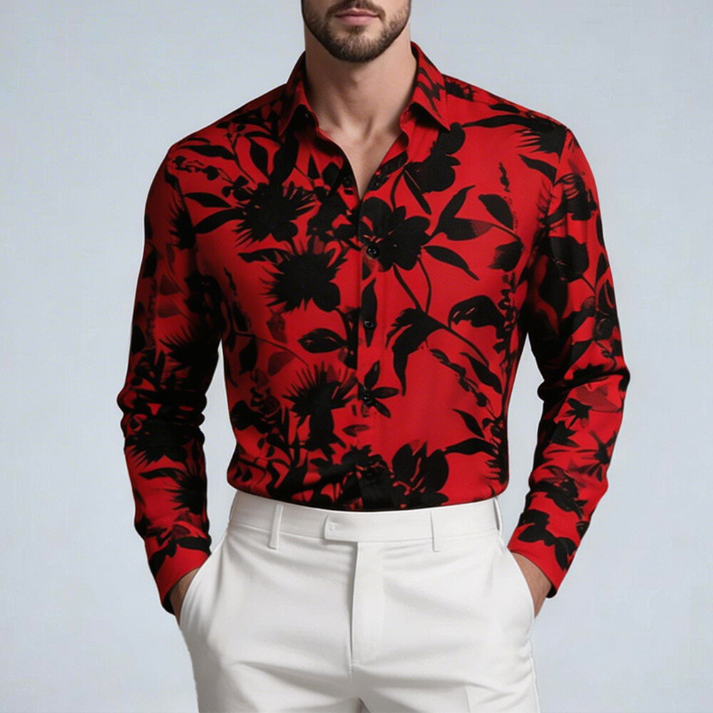 Okaywear Floral Printed Button Down Red Long Sleeve Shirt
