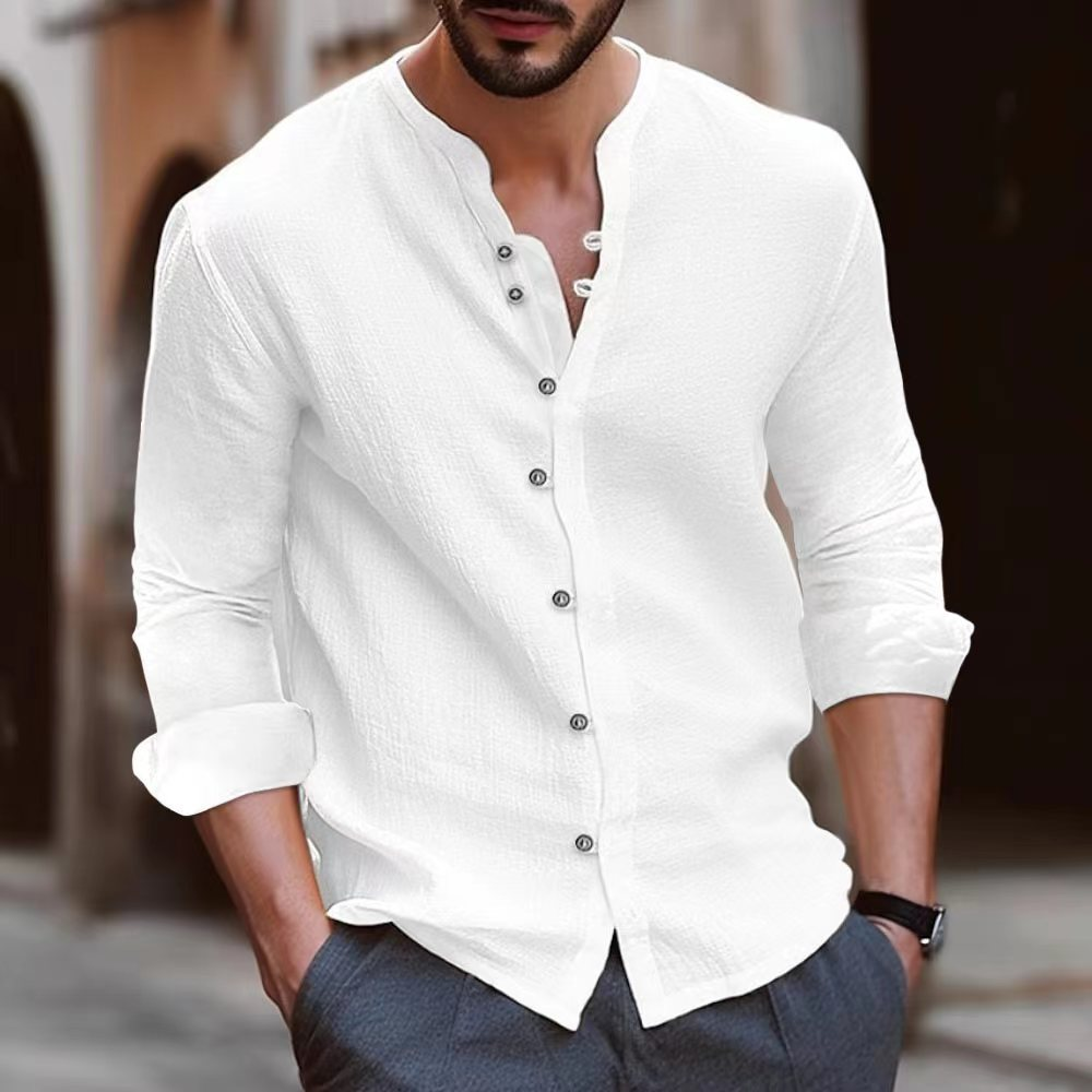 Stand Collar Single Breasted Loose Plain White Long Sleeve Shirt