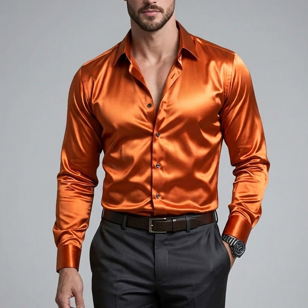 Okaywear Satin Turndown Collar Button-up Orange Long Sleeve Shirt