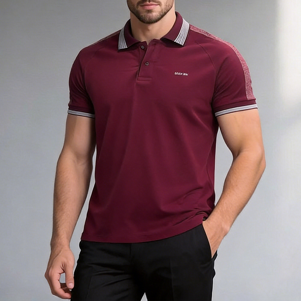 Okaywear Contrast Stripe Turndown Collar Slim Fit Burgundy Polo Shirt