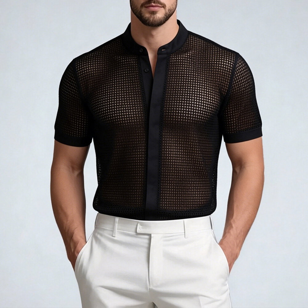 Okaywear Mesh Semi-Transparent Slim Fit Black Short Sleeve Shirt