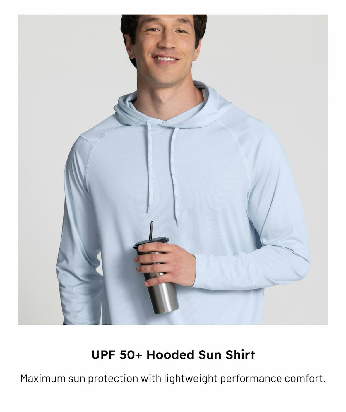 Man wearing UPF 50+ Hooded Sun Shirt in River Mist