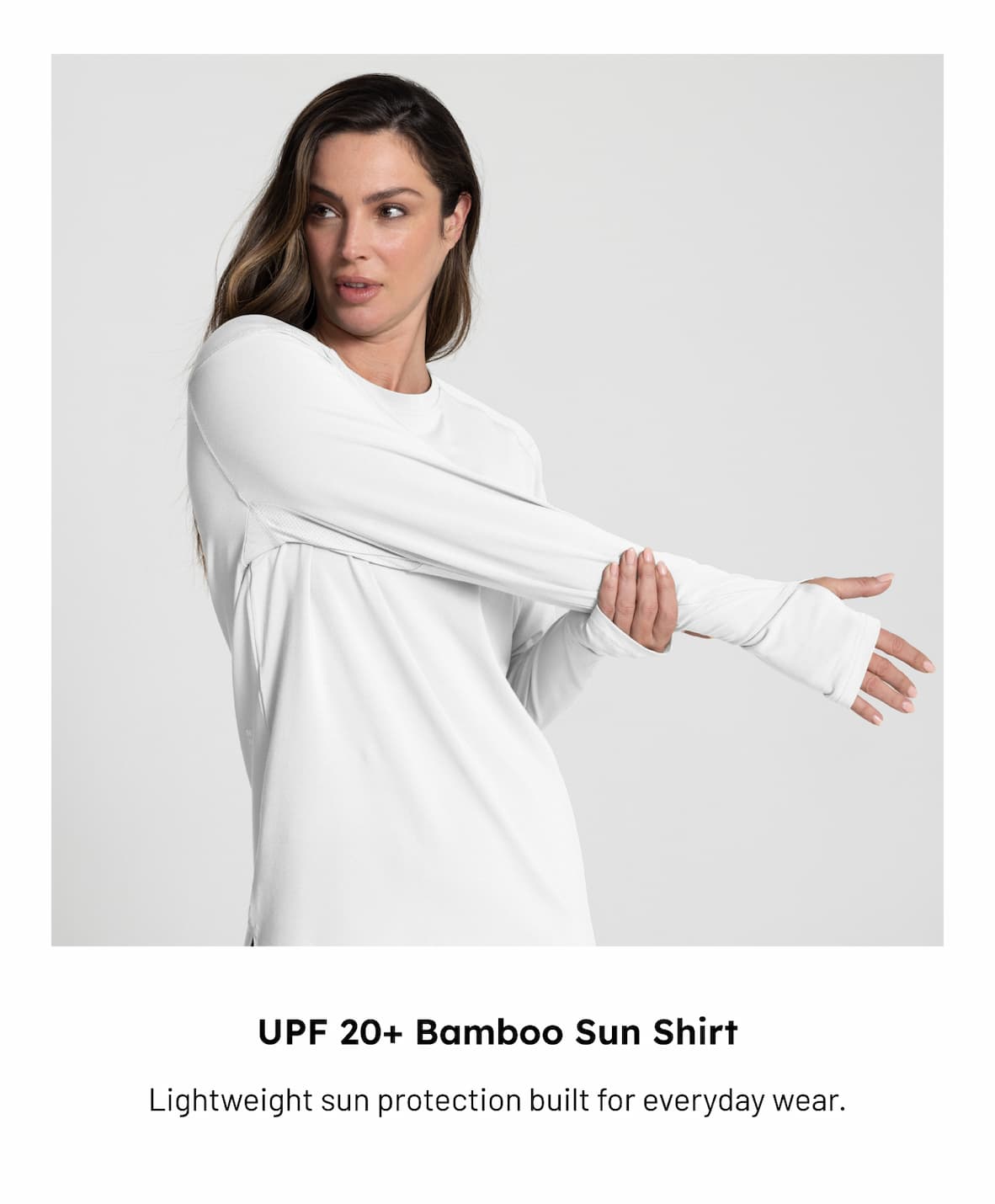 Woman wearing UPF 20+ Bamboo Sun Shirt in White