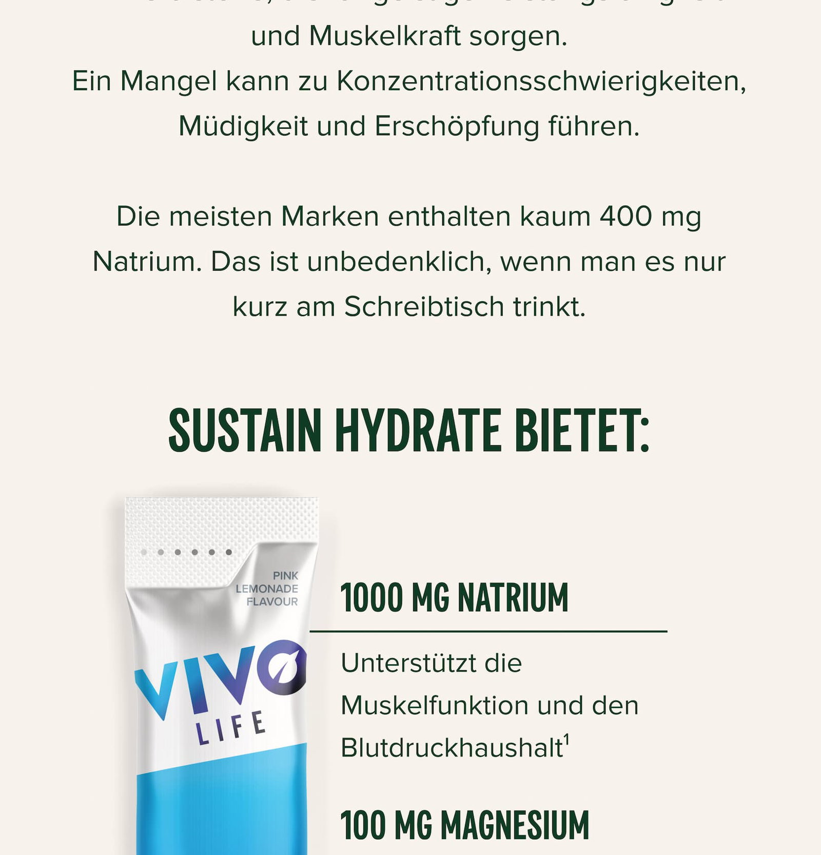 1000 mg Natrium Unterstützt die Muskelfunktion und den Blutdruckhaushalt¹