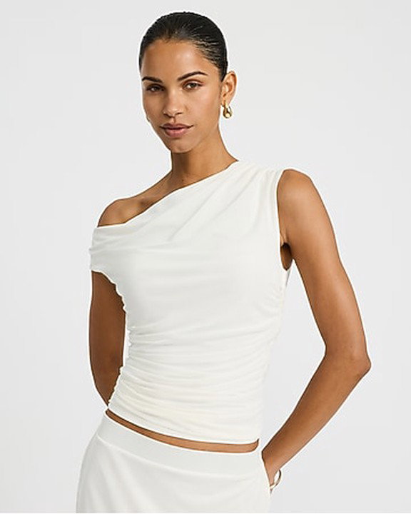 Mesh Asymmetrical Off the Shoulder Ruched Tee