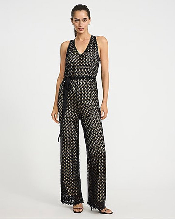 Crochet Halter V-Neck Sleeveless Belted Jumpsuit