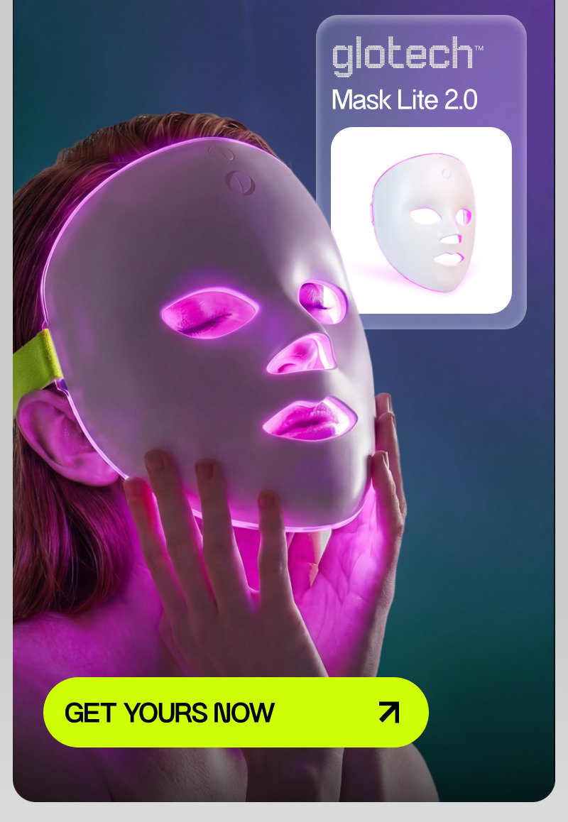 violet background, women wearing mask lite, mask lite in white, green button