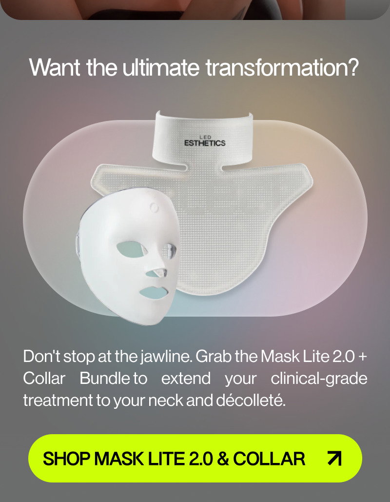 mask and collar on grey background, and text green button