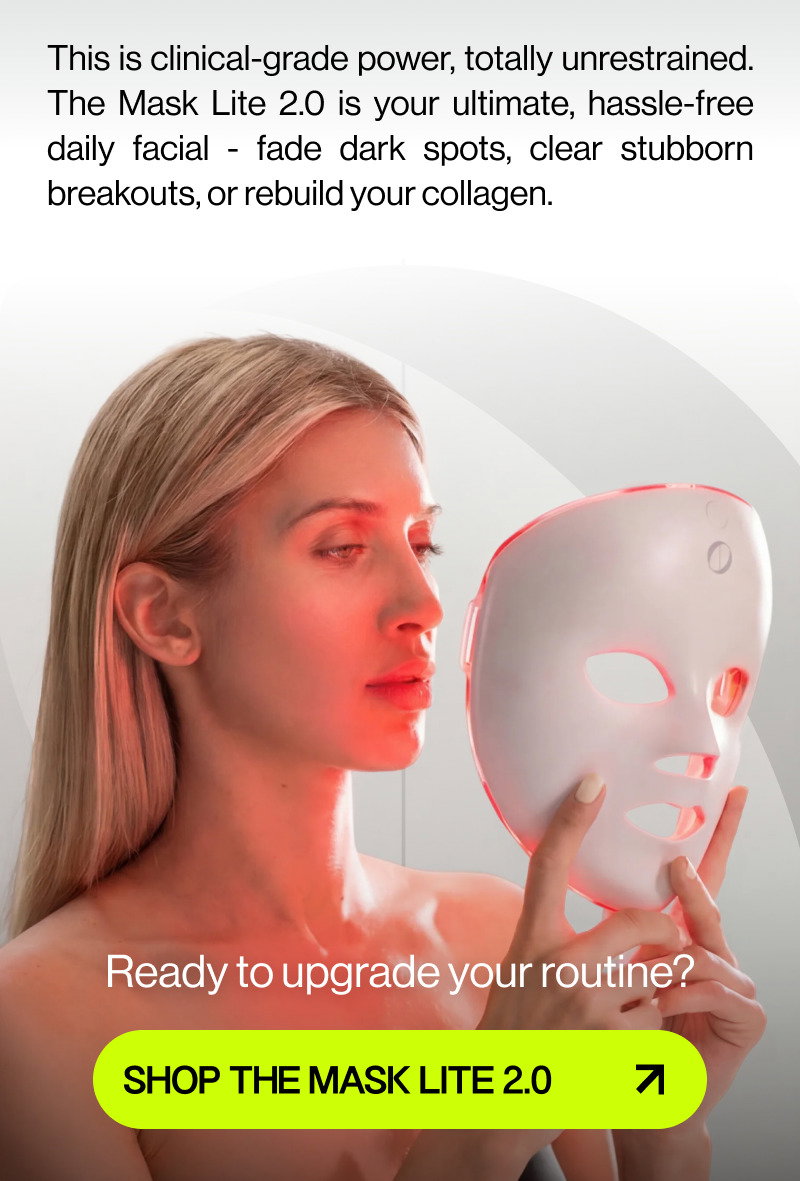 Blond women holdig mask , grey background and text, green button