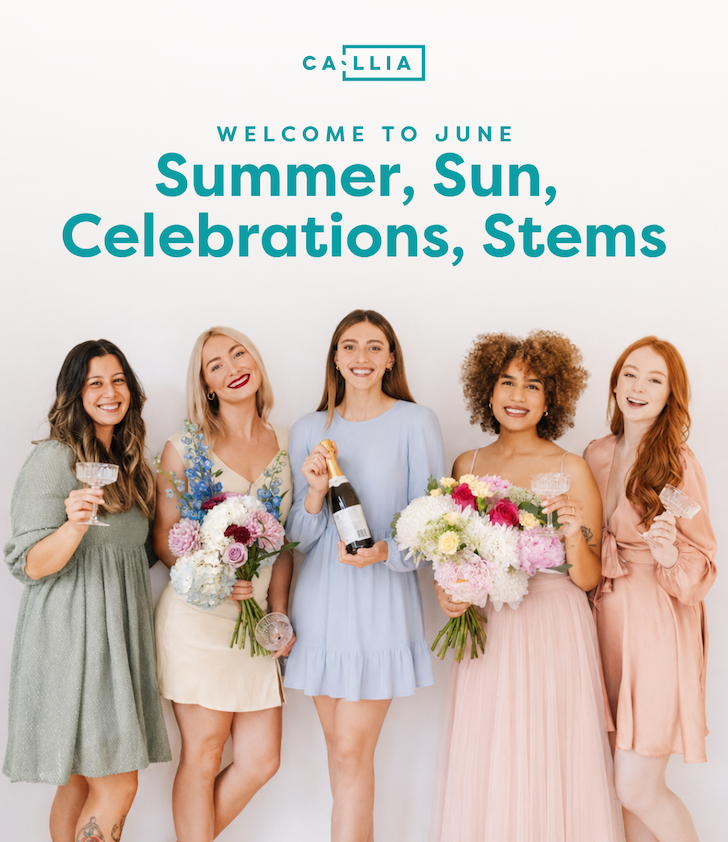 Five women holding two Callia bouquets in summer outfits
