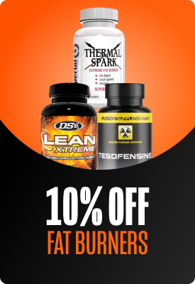 Three fat burner bottles (Thermal Spark, Lean Xtreme, Tesofensine) on orange background with '10% off fat burners' banner