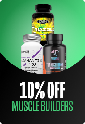 Three muscle-building supplement bottles on a green background with 10% off Muscle Builders promotion.