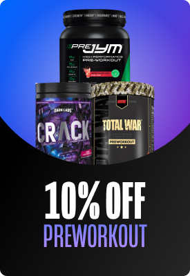 Three pre-workout supplement tubs (Pre JYM, Crack, Total War) on purple-blue gradient background with bold '10% off pre-workout' promotional text
