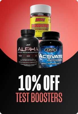 Three testosterone booster supplement bottles in front of red and black background with promotional text ‘10% off Test Boosters’