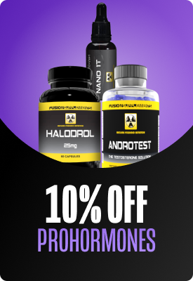 Three prohormone supplement bottles (Halodrol, Androtest and nano dropper) on a purple background with '10% off prohormones' promotional text