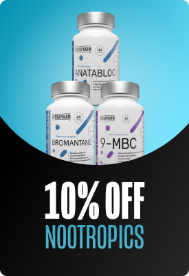 Three white nootropic supplement bottles (Anatabloc, Bromantane, 9‑MBC) on a blue background with a black promotional banner reading '10% OFF NOOTROPICS'