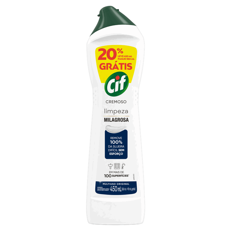 CIF Cremoso Limpeza Milagrosa remove 100% da sujeira 450 ml Grátis 20%