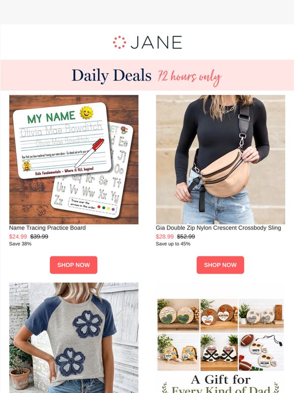 Daily Deals: Double Zip Crescent Crossbody Sling | Name Tracing Practice Board | Floral Patchwork Raglan Tee | & More!