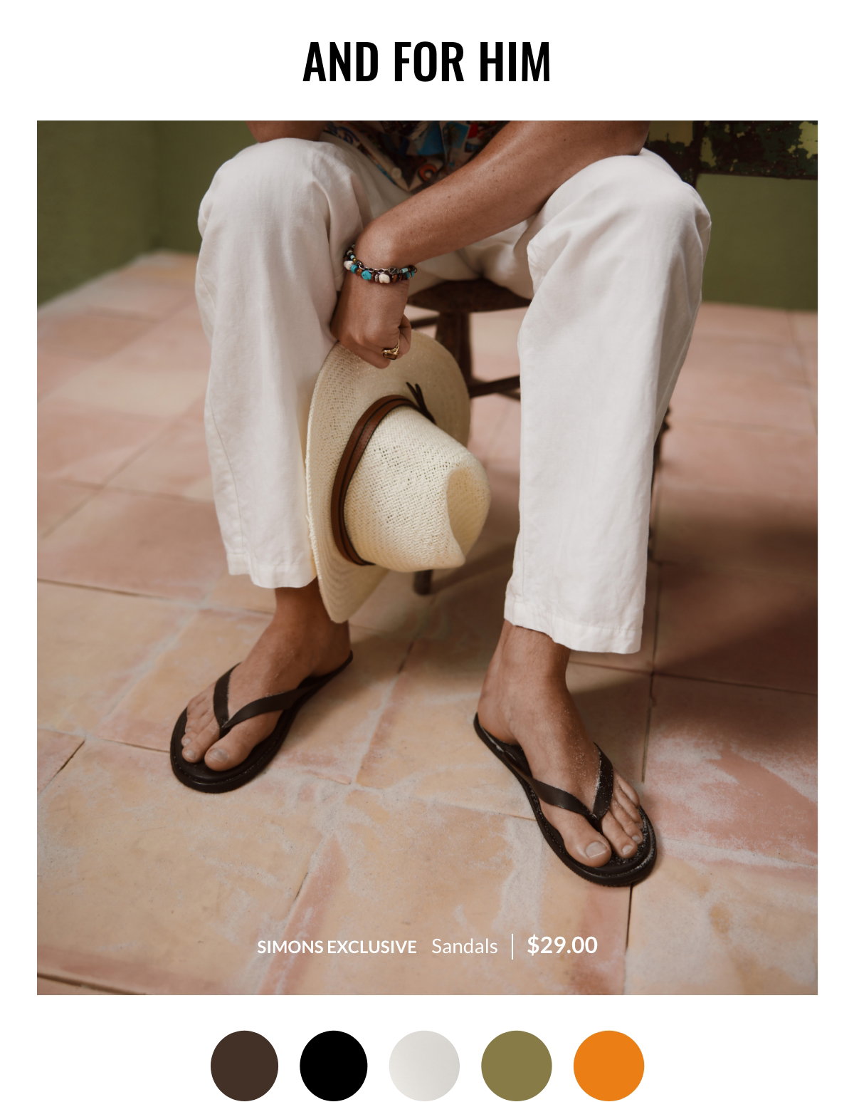 And for him: Man wearing black minimalist flip-flops, a Simons exclusive design at 29$.