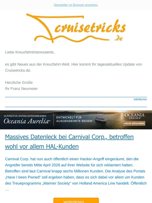News, u.a.: "Massives Datenleck bei Carnival Corp., betroffen wohl vor allem HAL-Kunden" - von cruisetricks.de