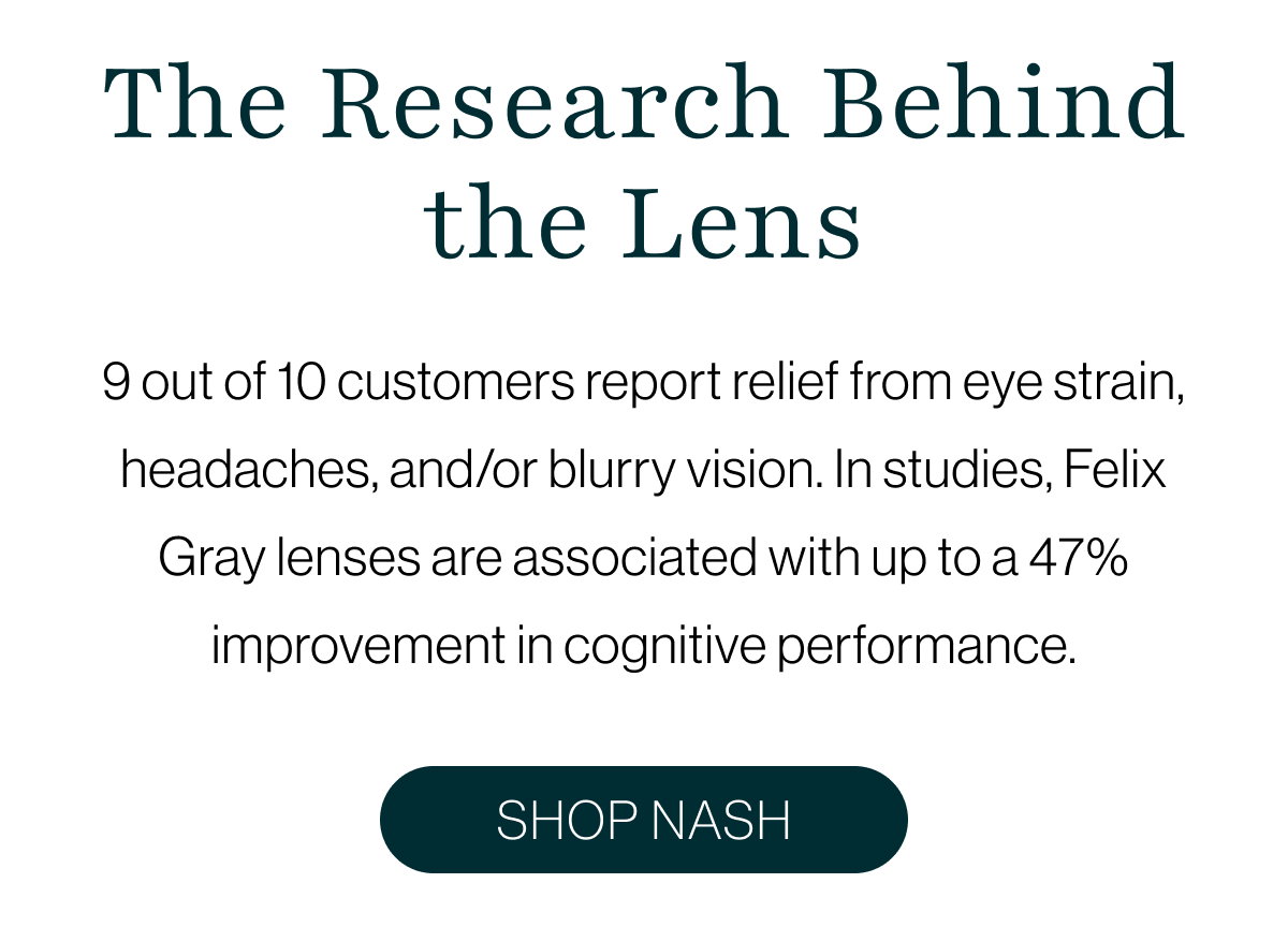 9 out of 10 customers report relief from eye strain, headaches, and/or blurry vision. In studies, Felix Gray lenses are associated with up to a 47% improvement in cognitive performance.